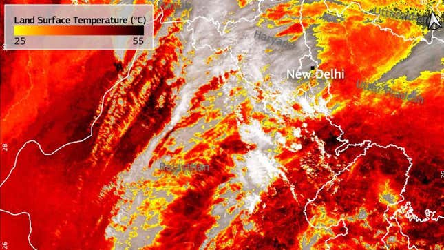 Satellite data of India's ground temperature, which shows that some areas reached 131 degrees Fahrenheit.