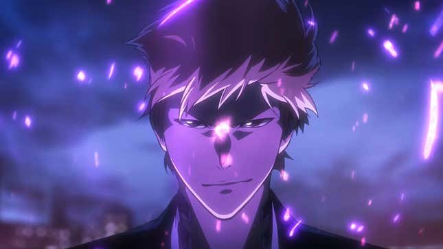 Ichigo Kurosaki, the main character in Bleach, smirking and surrounded by purple flame. 