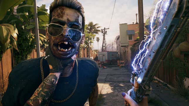 A Dead Island 2 player grabs a zombie by the throat and prepares to swing an electric weapon.