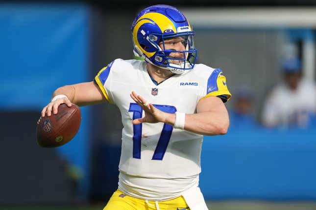 Jan 1, 2023; Inglewood, California, USA; Los Angeles Rams quarterback Baker Mayfield (17) throws the ball in the first half against the Los Angeles Chargers at SoFi Stadium.
