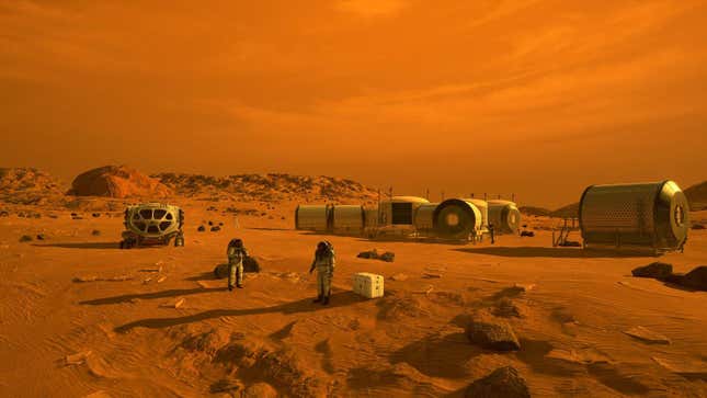 An artist’s concept of the first humans on Mars.