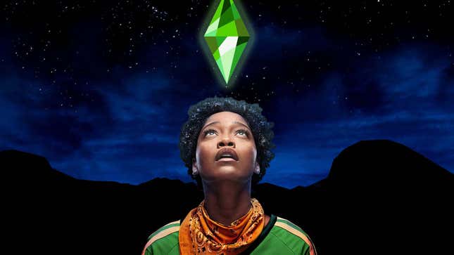 Keke Palmer is seen staring at something in the night sky with a Sims plumbob diamond floating above her head. 