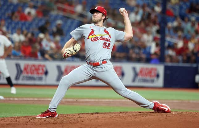 Aug 10, 2023; St. Petersburg, Florida, USA;  St. Louis Cardinals starting pitcher Matthew Liberatore (52) throws a pitch against the Tampa Bay Rays during the second inning at Tropicana Field.
