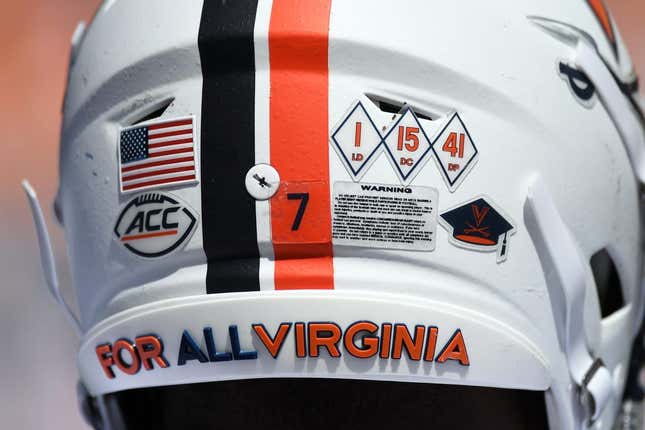Sep 2, 2023; Nashville, Tennessee, USA; Detail view of helmet stickers on the helmet of Virginia Cavaliers running back Mike Hollins (7) during the second half against the Tennessee Volunteers at Nissan Stadium.