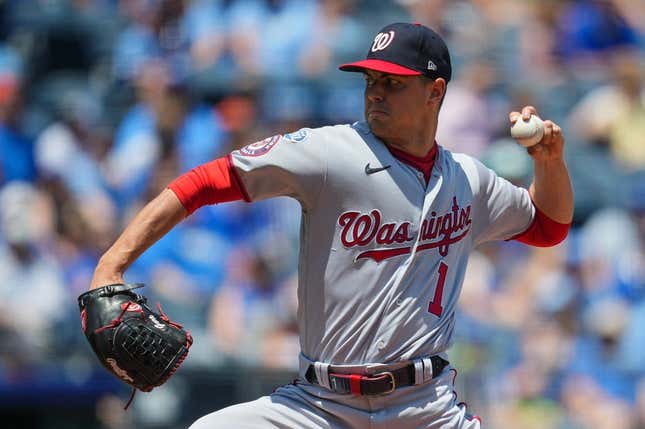 May 28, 2023; Kansas City, Missouri, USA; Washington Nationals starting pitcher MacKenzie Gore (1) pitches during the first inning against the Kansas City Royals at Kauffman Stadium.