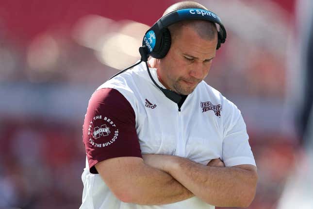 Jan 2, 2023; Tampa, FL, USA; Mississippi State Bulldogs head coach Zach Arnett looks on from the sidelines during the 2023 ReliaQuest Bowl against the Illinois Fighting Illini in the first quarter at Raymond James Stadium.