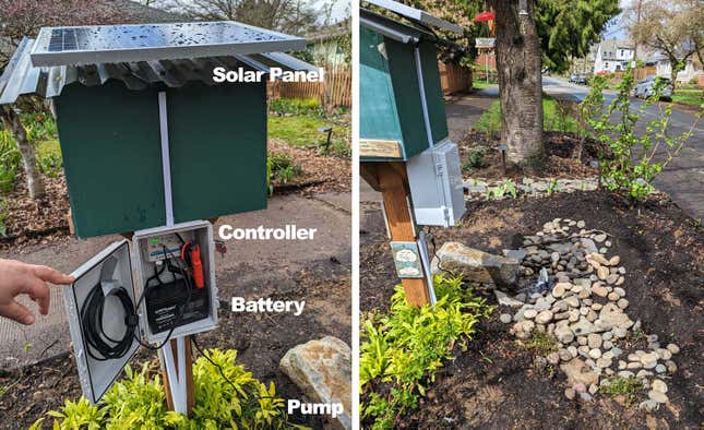 On left, image of a solar relay showing the solar panel, controller, battery, and pump. on the right, the solar relay is shown how it connects to the pump in a water filled basin full of rocks in the ground. 