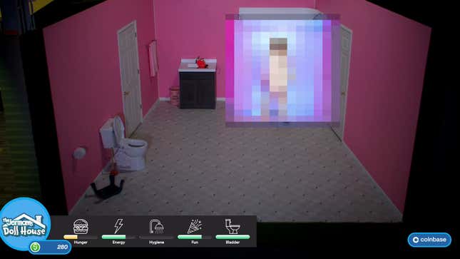A pixelated view of Jerma taking a shower in his IRL Sims house.