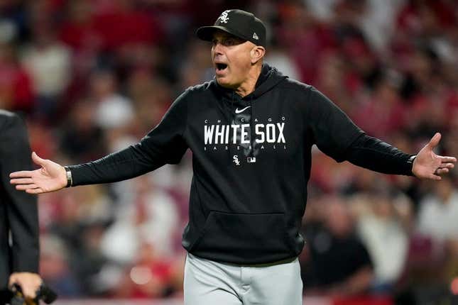Chicago White Sox manager Pedro Grifol (5) shouts down to crew chief Todd Tichenor (13) after arguing umpire Brian Knight (91) over a balk called on relief pitcher Joe Kelly in the seventh inning of the MLB Interleague game between the Cincinnati Reds and the Chicago White Sox at Great American Ball Park in downtown Cincinnati on Friday, May 5, 2023. The Reds lost the opening game of the series, 5-4.