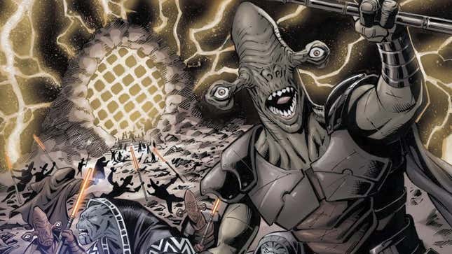 A screenshot of a comic book showing a Rakatan alien warrior screaming in space.