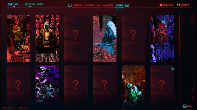 A screenshot of the tarot menu in Cyberpunk 2077 shows various card art.