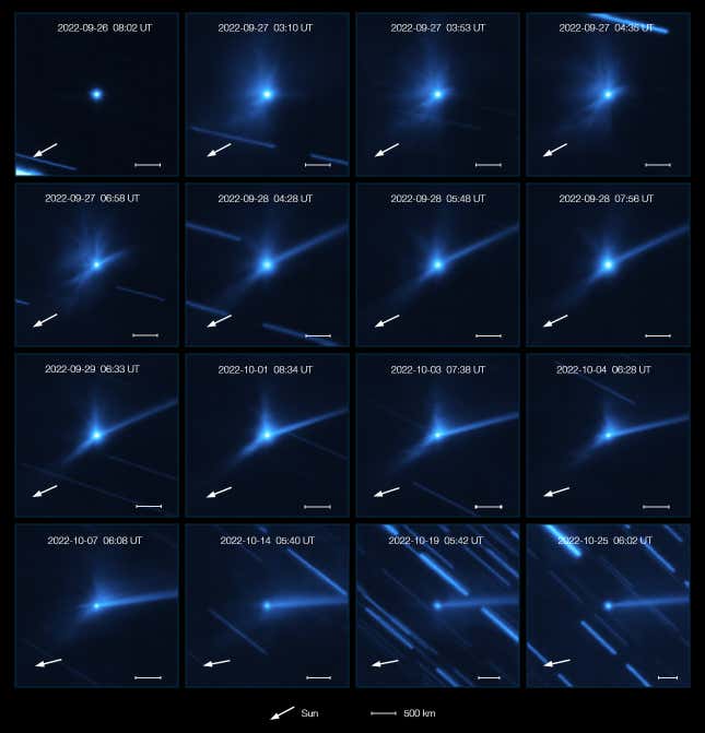 MUSE instrument images of the debris cloud around Dimorphos, taken over the course of a month.