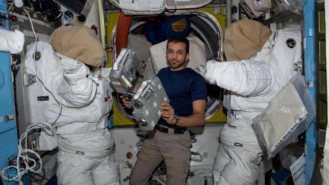 UAE astronaut Sultan Alneyadi pictured while working on spacesuit hardware inside the International Space Station’s Quest airlock.