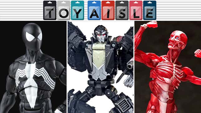 Hasbro's Marvel Legends Symbiote Spider-Man and Transformers x Dracula Draculus, and Good Smile Company's figma Human Anatomical Model