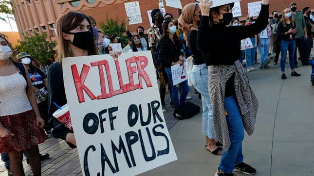 Students for Socialism protest on campus demanding that Kyle Rittenhouse not be allowed to enroll at Arizona State University, Wednesday, Dec. 1, 2021, at ASU in Tempe, Ariz. Protesters were demanding the university disavow the 18-year-old, who was acquitted of murder last month in the deadly shootings during last year’s unrest in Kenosha. 