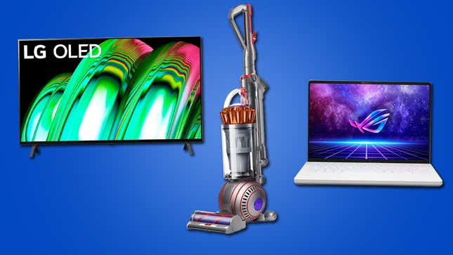 An LG TV, a Dyson vacuum, and an Asus gaming laptop.