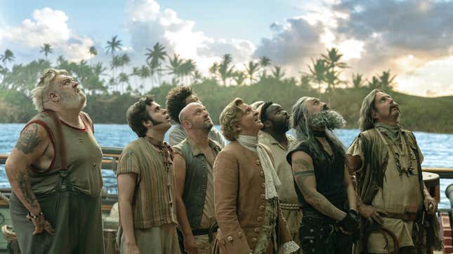 Kristian Nairn, Nathan Foad, Matthew Maher, Joel Fry, Samson Kayo, Taika Waititi, and Will Arnett on the set of Our Flag Means Death