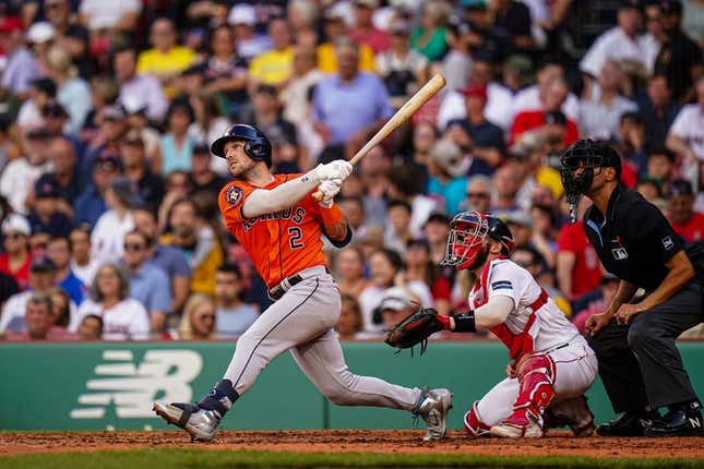 Aug 30, 2023; Boston, Massachusetts, USA; Houston Astros third baseman Alex Bregman (2) hits a double to drive in a run against the Boston Red Sox in the fourth inning at Fenway Park.