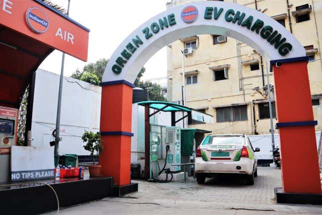 A paid public charging point at a petrol pump in Hyderabad.