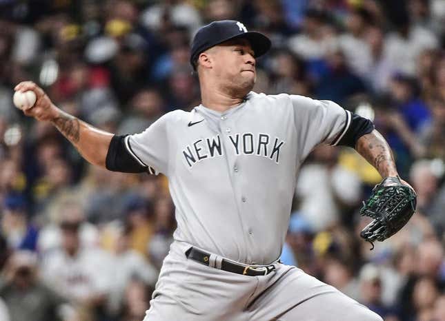 Sep 16, 2022; Milwaukee, Wisconsin, USA; New York Yankees pitcher Frankie Montas (47) throws a pitch in the first inning against the Milwaukee Brewers at American Family Field.
