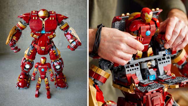 The Lego Iron Man buildable figure being inserted inside the Hulkbuster.