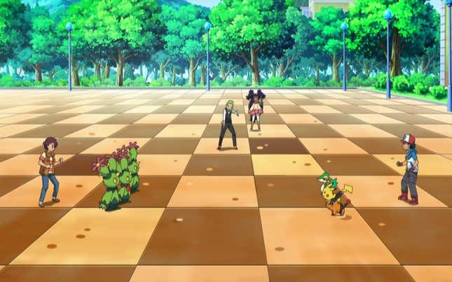 Ash is shown fighting another trainer in a Triple Battle with Pikachu, Snivy, and Tepig.