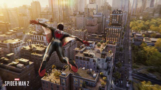 Miles Morales is seen gliding over New York.