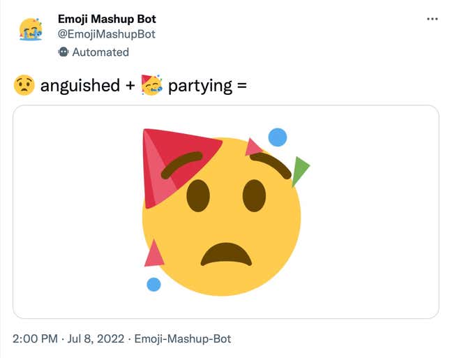 A circular yellow icon with an anguished face and a party hat, created by Emoji Mashup Bot, is shown.