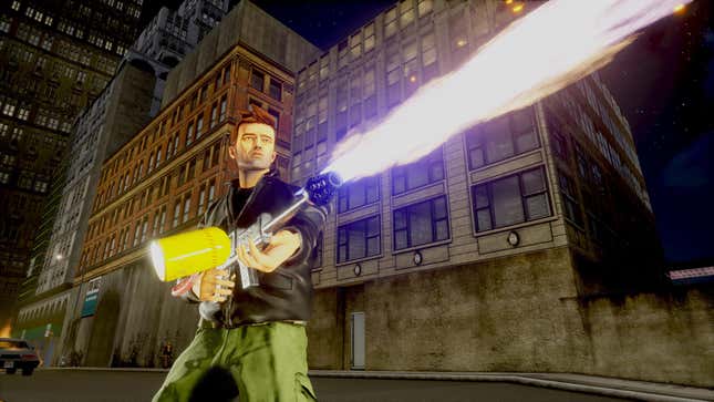 Grand Theft Auto III's anti-hero shoots a flame thrower while standing on a city block. 