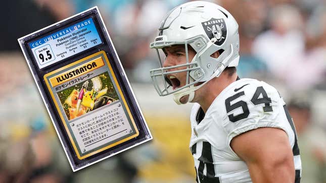 An NFL player screams at a large and rare Pokémon card.