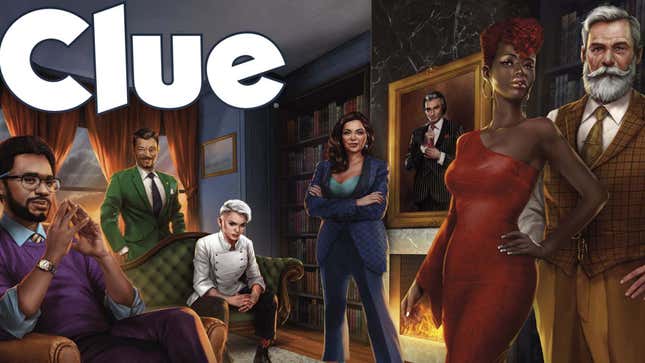 The boxart of Clue shows a group of well-dressed people standing around a fireplace. 