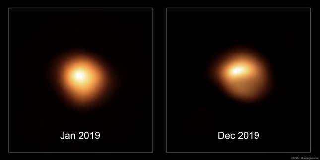 Two images of Betelgeuse show how the red giant star has recently dimmed.