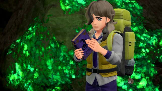 Man in Pokémon Violet opens a purple book.