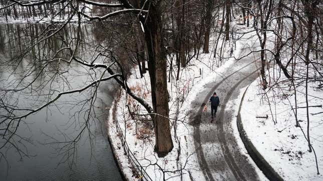 People walk through Brooklyn’s Prospect Park on a snowy morning over on February 28, 2023 in New York City. New York City and much of the Northeast received overnight snow, sleet and rain in what is first real snowfall of the winter for many communities.
