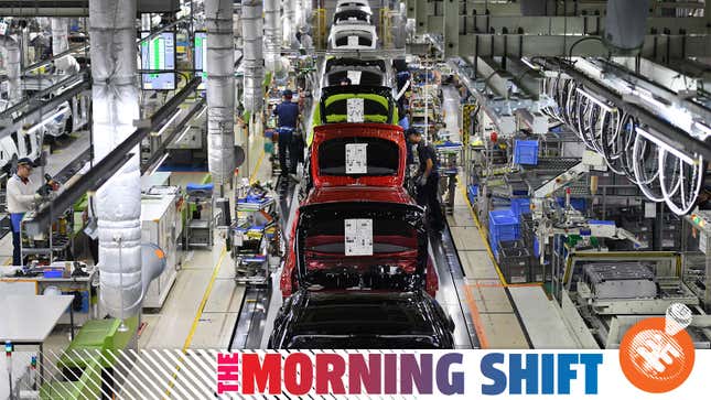 A photo of a Toyota production line with The Morning Shift graphic along the bottom. 