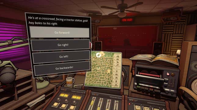 Dialogue options are presented in the Killer Frequency radio booth.