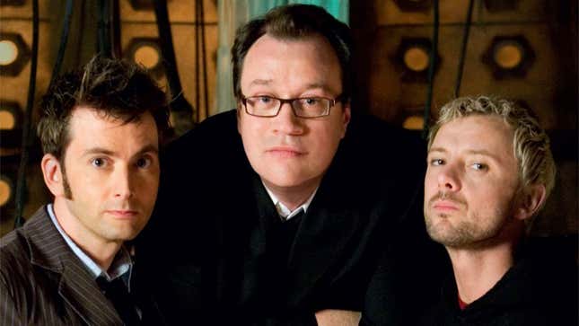 David Tennant, Russell T. Davies, and John Simms on the set of Doctor Who's "The End of Time" 2010 special, for the cover of Doctor Who: The Writers Tale.
