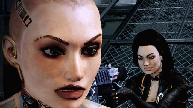 A Mass Effect: Legendary Edition screenshot shows Miranda Lawson draw her gun on Jack. 