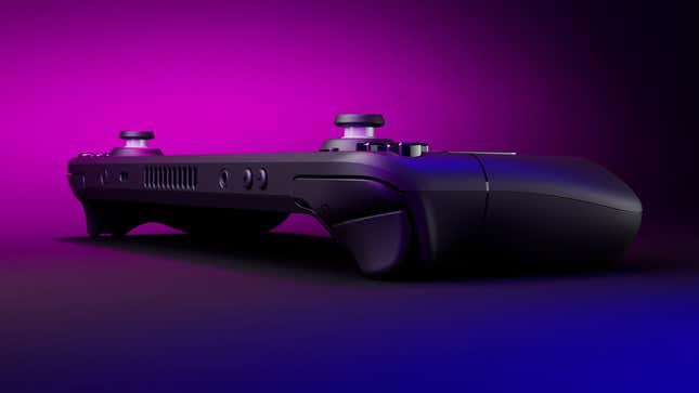 A render of a Steam Deck, viewed from the back.