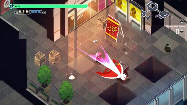 A character slashes a gramophone monster with a sword in a mall in Boyfriend Dungeon, one of the best games of 2021.