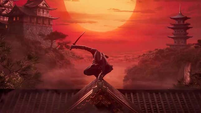 An Assassin in feudal Japan sits on a building at nightfall. 