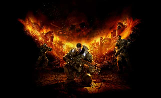 Marcus Fenix holds an assault rifle in his hands while fires rage behind him. 