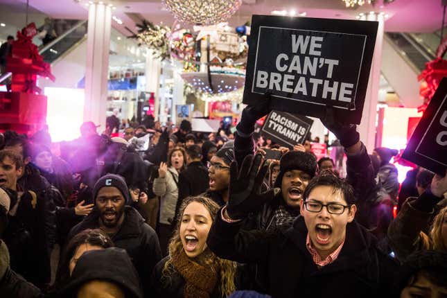 NEW YORK, NY - DECEMBER 05: Demonstraters storm the Macy’s on 34th Street protesting the Staten Island, New York grand jury’s decision not to indict a police officer involved in the chokehold death of Eric Garner in July on December 5, 2014 in New York City. 