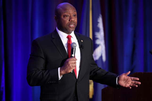 CHARLESTON, SOUTH CAROLINA - FEBRUARY 16: Sen. Tim Scott (R-SC) delivers remarks at the Charleston County Republican Party’s Black History Month Banquet February 16, 2023 in Charleston, South Carolina. Scott spoke about growing up in South Carolina during his remarks. 