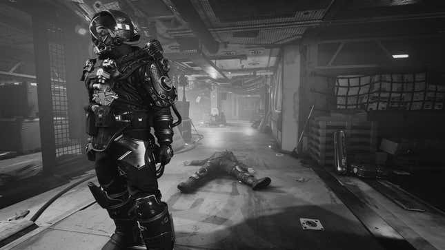 A space pirate stands before a dead body on a space station.