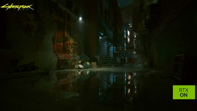 An alley way is seen with dim overhead light and reflections in a puddle.