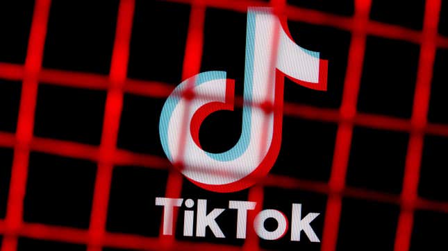 תמונה של הלוגו של TikTok מאחורי גדר אדומה.  ממשל ביידן דורש מבעלי העניין הסינים לבטל את הבעלות שלהם באפליקציה.