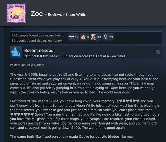 Image for article titled Neon White’s Steam Reviews Are Horny As Hell