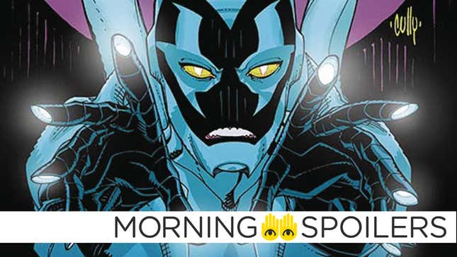 Blue Beetle Jaime Reyes jumps forward toward the viewer in his black and blue armor in a closeup from DC Comics Blue Beetle #2 variant edition, art by Cully Hamner.