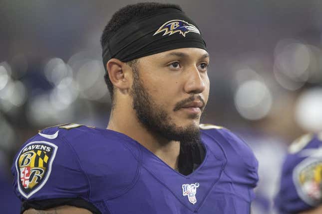 Aug 8, 2019; Baltimore, MD, USA; Baltimore Ravens linebacker Shane Ray (91) stands on the sidelines during the second quarter against the Jacksonville Jaguars at M&amp;amp;T Bank Stadium.